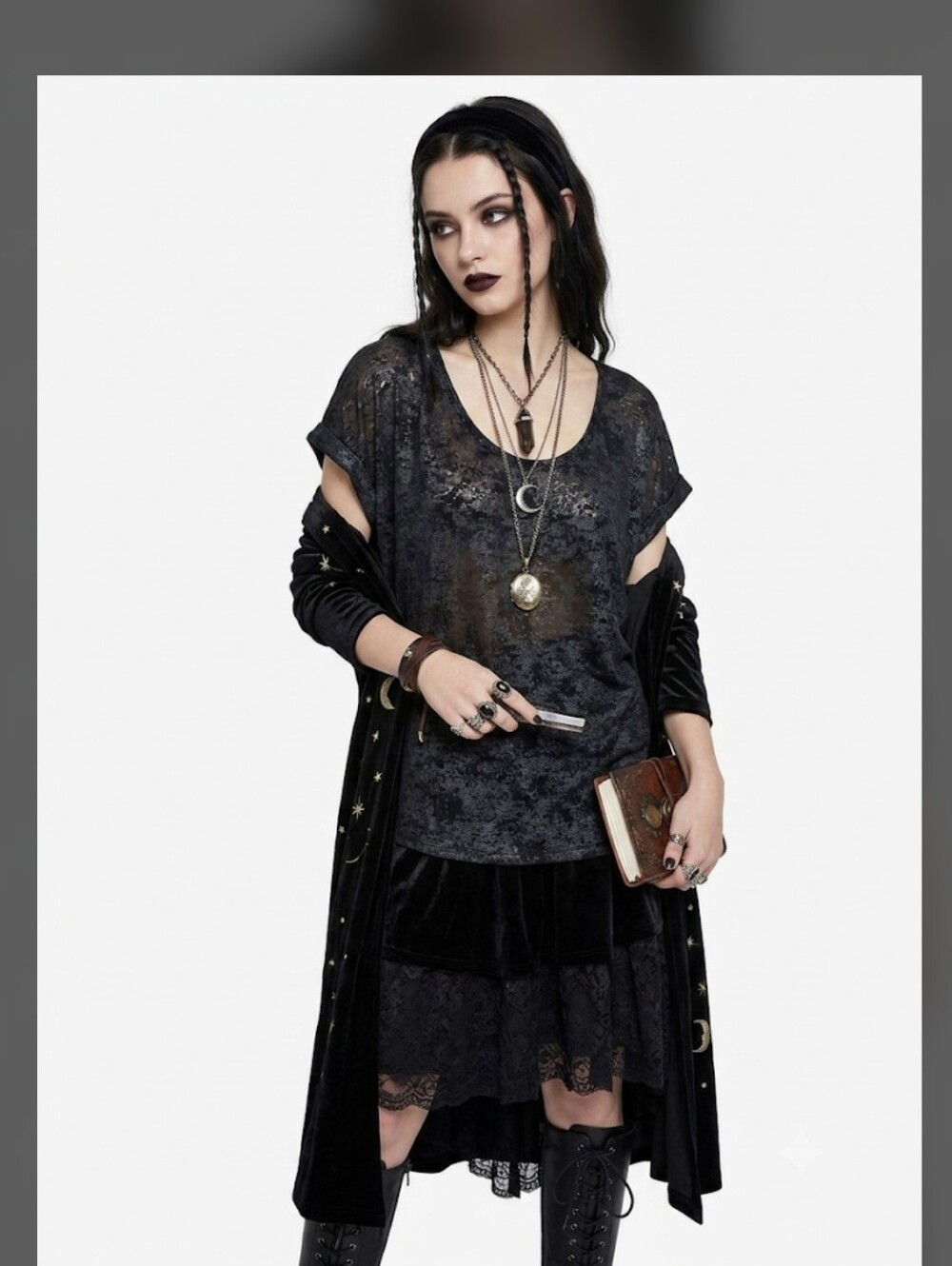 NWT a.n.a Black Sliver Foil Short Sleeve Burnout Tee Top 1X Gothic Whimsigoth